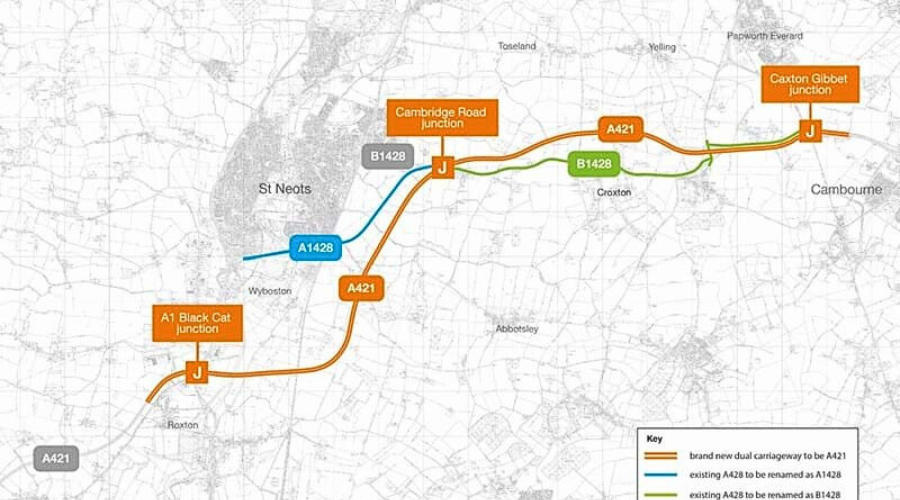 Map of the A428 improvements scheme. 