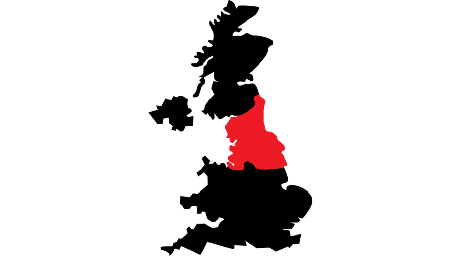Map of the UK with the North highlighted in red.
