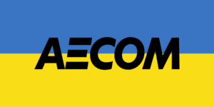 AECOM logo over Ukraine flag.