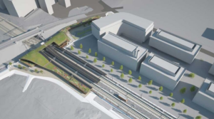 Aerial visualisation of Cambridge South station. 
